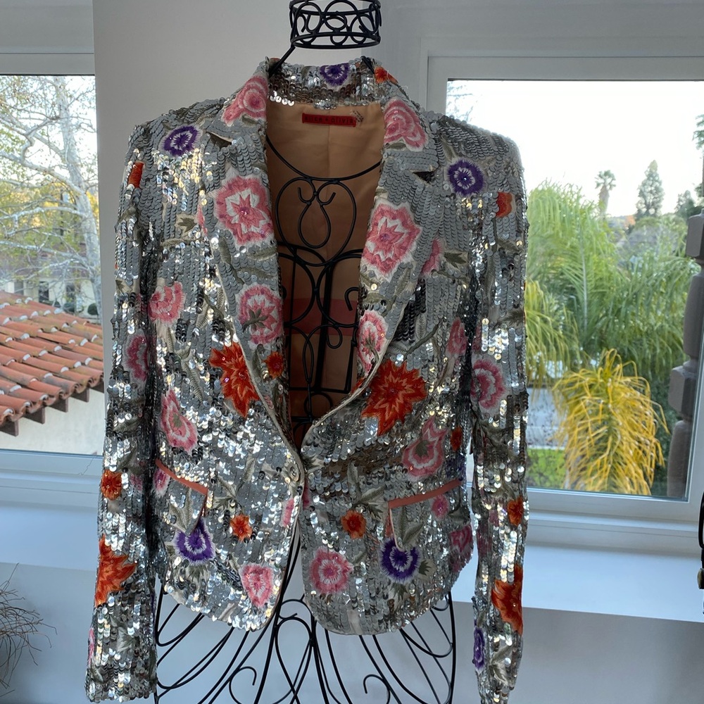 Alice + Olivia Silver and Pink Floral Blazer